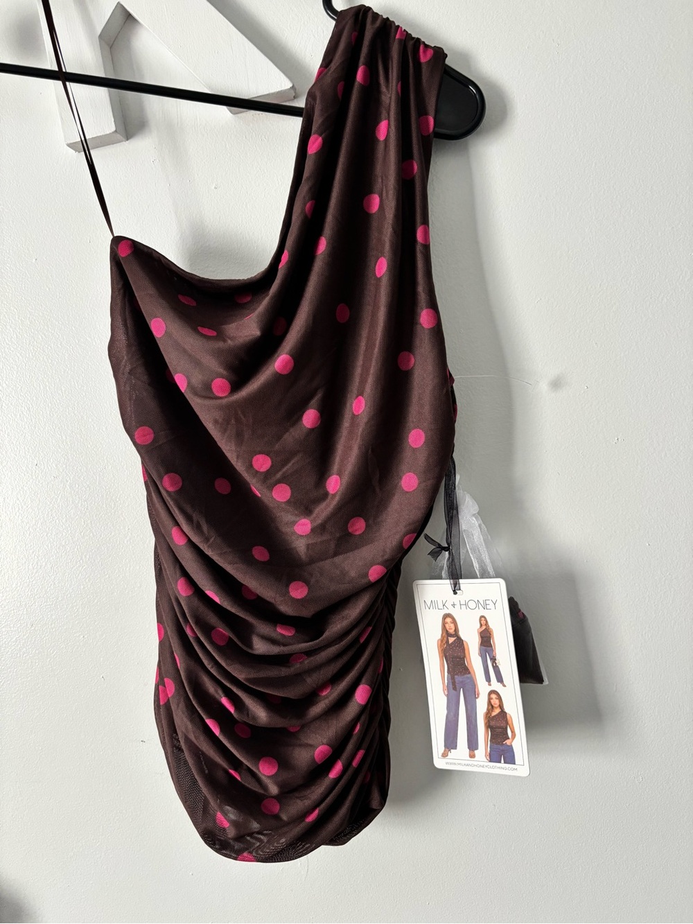 Milk & Honey Brown Polka Dot Ruched Camisole with Pink Dots